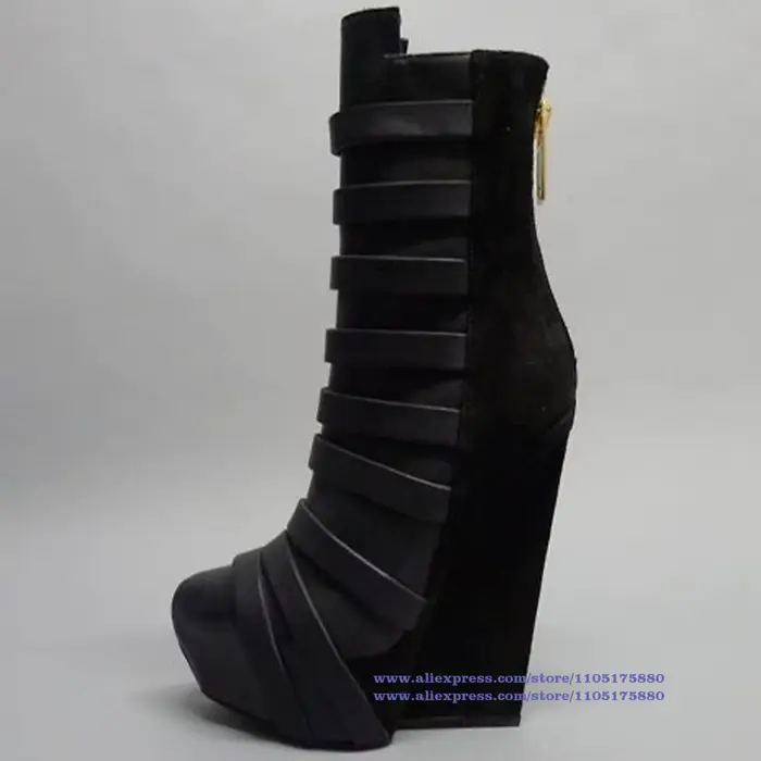 Multi sangles plate-forme compensée genou bottes hautes fermeture éclair arrière bottes en cuir noir