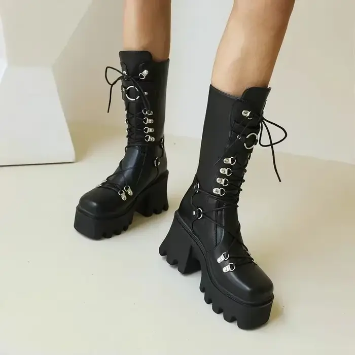 Bottes hautes UXST mi-mollets avec talons hauts pour femmes style punk ocassions spéciales automne hiver