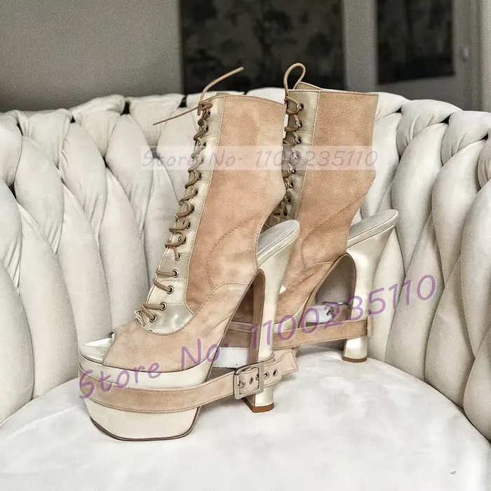 Bottines à plateforme en daim couleur chair pour femme, chaussures Chic avec sangle à boucle, bout o