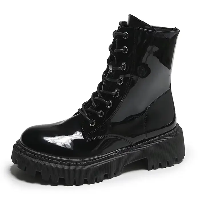 Bottines roses à lacets pour femme, bottines de moto à plateforme en cuir verni, talons épais, ferme