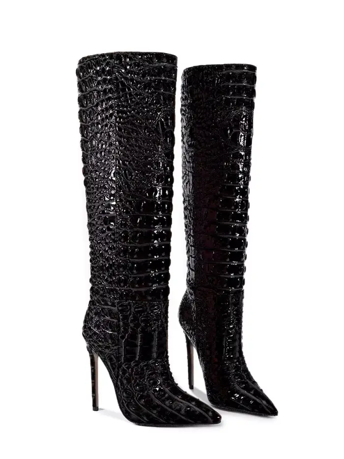 Bottines chic style western à talon aiguille avec leggings doux effet crocodile, parfaites pour le b