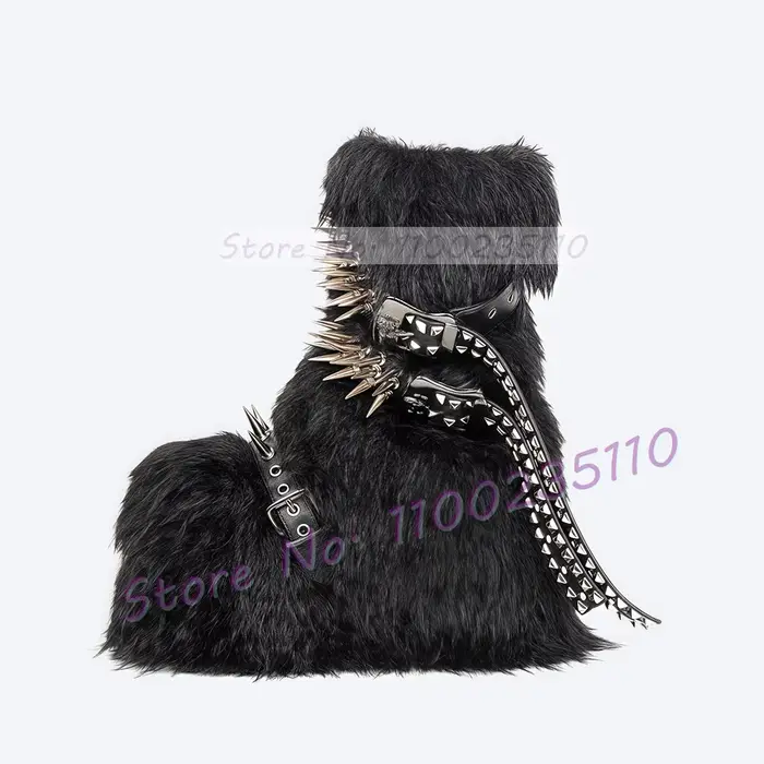 Hiver noir à semelles épaisses fourrure mi-mollet bottes femme pointes en métal clouté boucle sangle