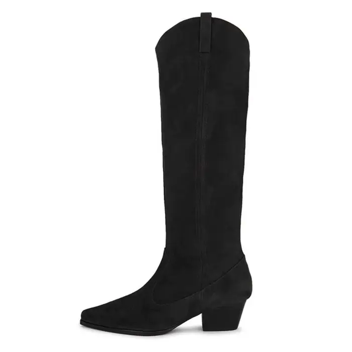 Bottes de cowboy hautes pour femmes en daim camel élégantes bout pointu talon carré style western hiver printemps automne occassions spéciales