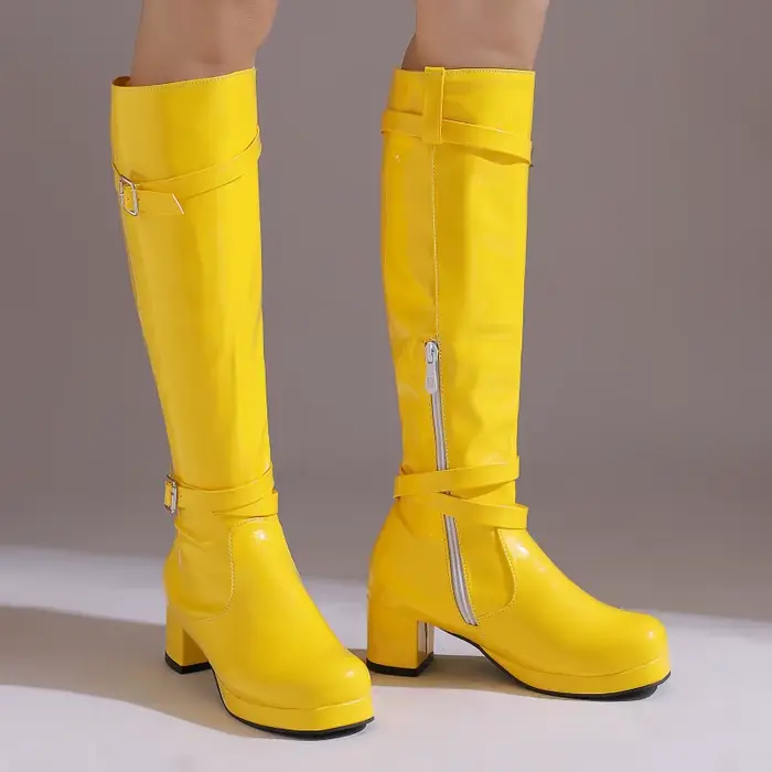 Bottes hautes pour femmes 2025 – Chaussures d'hiver en cuir verni noir et blanc à talons carrés bas