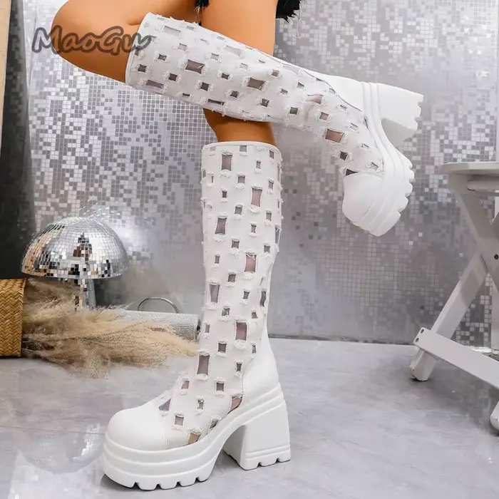 Nouvelles bottes maogu creuses pour femmes haute couture talon carré haut polyuréthane caoutchouc polyester automne printemps ocassions spéciales