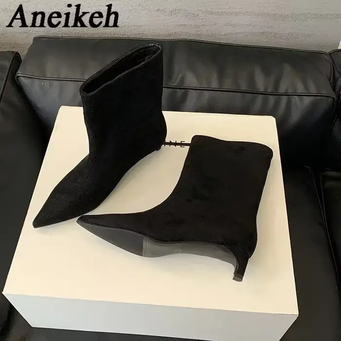 Aneikeh bottes à talons bas mode hiver Faux daim pointu