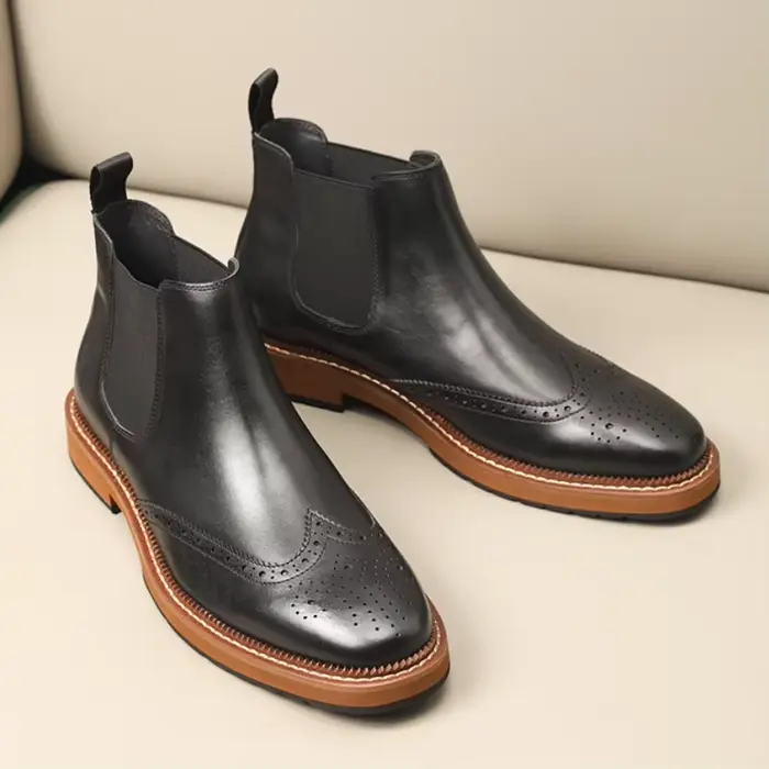 Bottes Chelsea rétro pour hommes ; Chaussures montantes décontractées brogue en cuir véritable angla