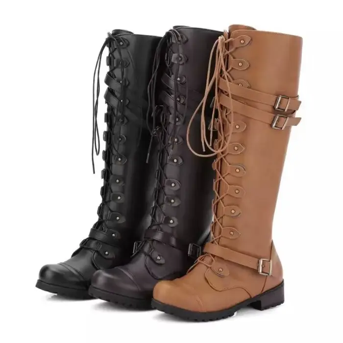Nouvelle mode femmes genou bottes hautes marque à lacets plate-forme chaussures Sexy avec boucle PU rétro