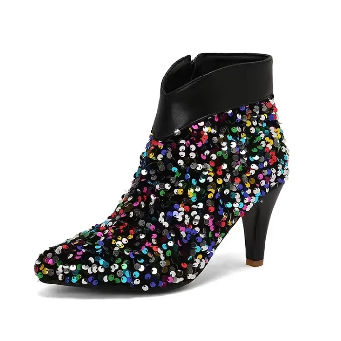 Bottes courtes à talons hauts et paillettes argentées pour femmes, style sexy, bottes modernes, talons fins, semelle en caoutchouc, ajustement parfait, ocassions spéciales et sorties nocturnes
