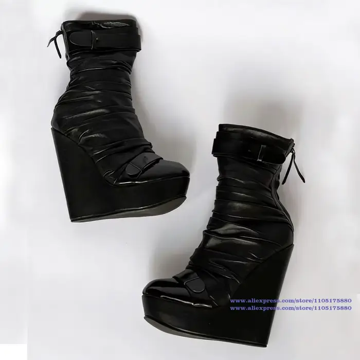 Bottines mi-mollet compensées en cuir froncé noir pour femmes, chaussures de luxe de styliste, tenda