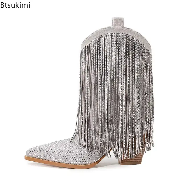 Bottes à bout pointu ornées de strass et de franges pour femmes, talons épais, bottes mi-mollet pour femmes, chaussures de défilé de mode, occasions spéciales