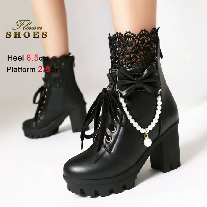 Bottines courtes en dentelle pour femmes, bloc de 8.5CM, talons hauts, bout rond, plateforme, noir, 