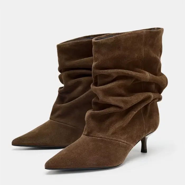 Bottines plissées en daim de vache pour femmes