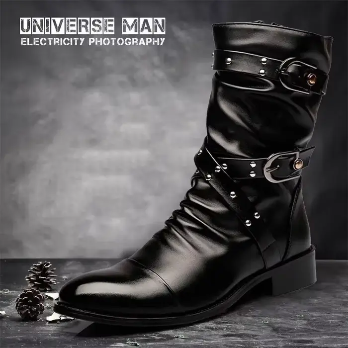 Bottes de motard UXST style britannique pour homme bottes punk rock mi-mollet à talons bas pour printemps automne ocassions spéciales