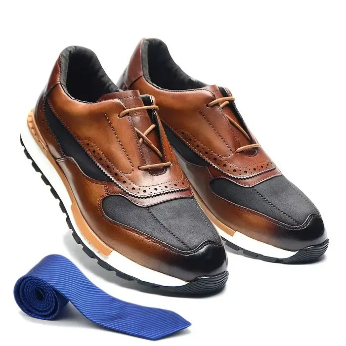 Marque de luxe concepteur hommes baskets en cuir véritable et tissu Patchwork à lacets marron richelieu Oxford