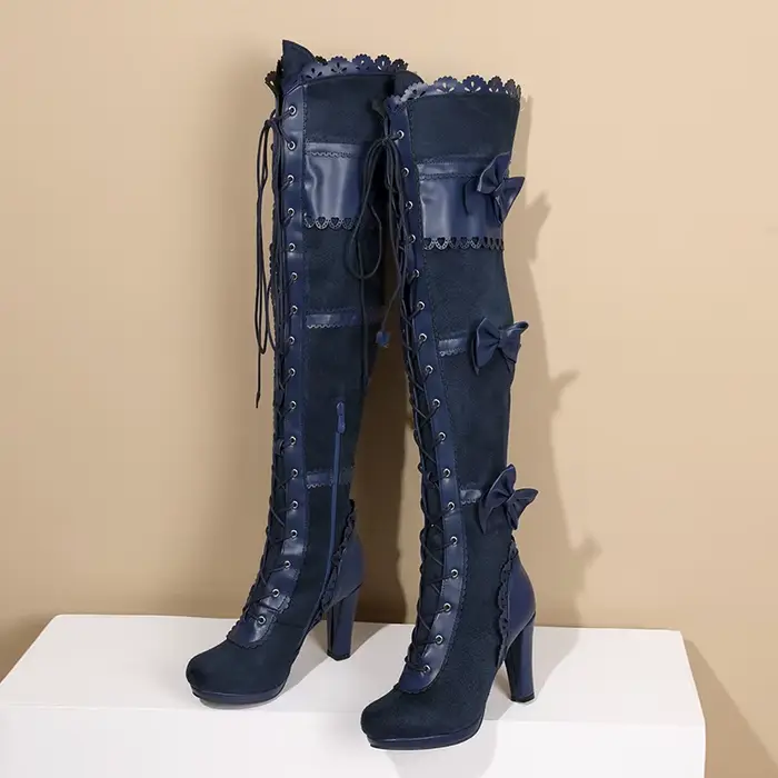 Bottes au dessus du genou pour femmes, couture floquée, talon Super épais, nœud mignon, fermeture éc