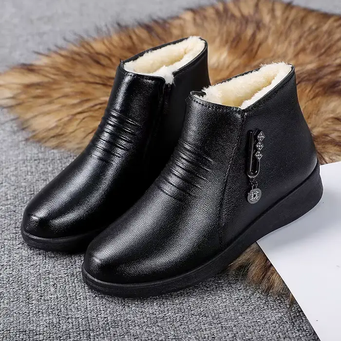 Bottes de neige en cuir à semelle souple pour femme, chaussures chaudes, imperméables, coton, peluch