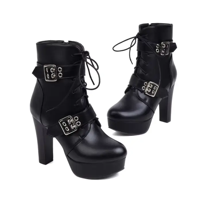 Bottines en cuir PU pour femmes, mode, boucle de ceinture croisée, fermeture éclair, talons hauts, b
