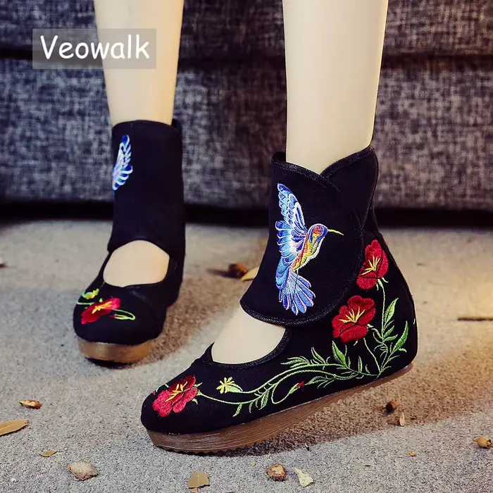 Veowalk cheville Wrap femmes bottes décontractées colibri chinois Noble Mary Janes à l'intérieur augmenté broderie pompes chaussures en tissu