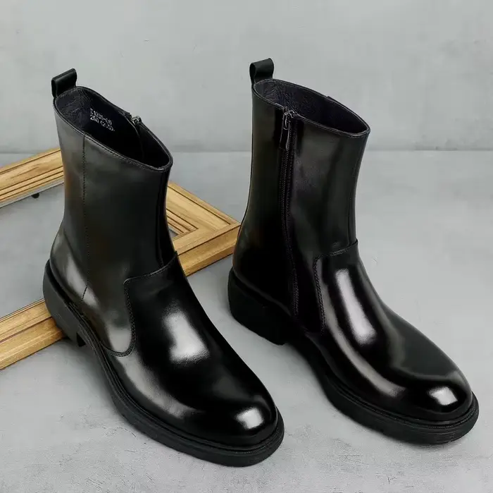 Bottes britanniques à tube moyen pour hommes, cuir, coton, velours, chaud, fermeture éclair