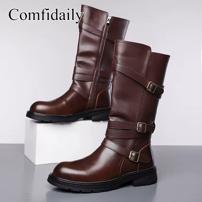 Chaînes noires hommes Chelsea bottes en cuir véritable homme mi-mollet