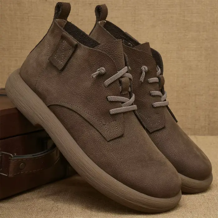Bottines courtes en cuir de vache pour hommes, bottines d'hiver à lacets extensibles, semelle souple