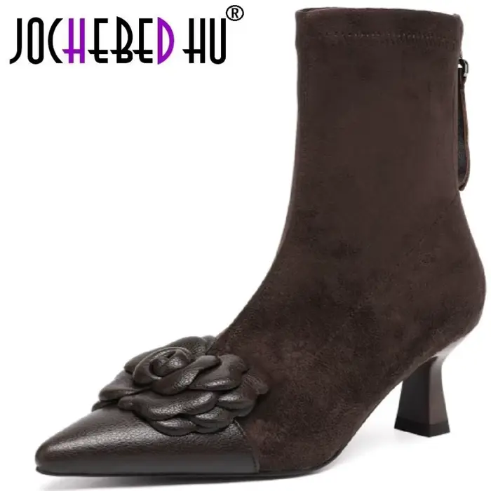 【JOCHEBED HU】 bottines élastiques faites à la main mi talons femmes bottes