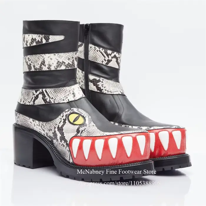 Bottes mi-mollet à motif serpent avec talon épais à dents de crocodile