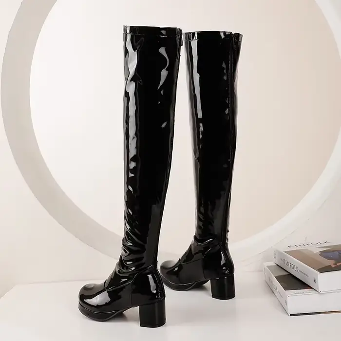Mode dame en cuir verni bout rond bottes longues femmes noir blanc en cuir genou haute Botas Mujer h