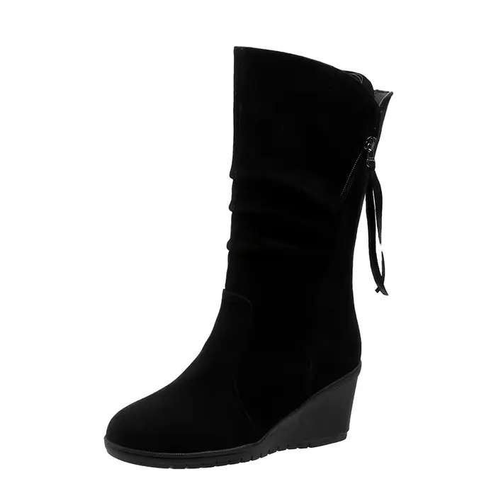 Bottes de rinçage compensées vintage pour femmes, faux daim, peluche chaude, talons plats, bottes co