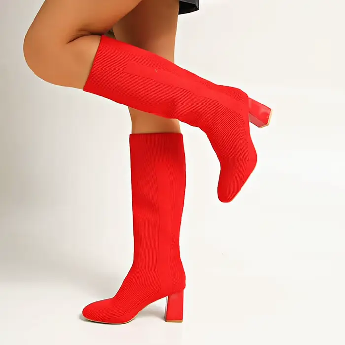 Bottes Élastiques Tricotées Confortables Femmes Talon Épais Mode Automne Hiver Occasions Spéciales