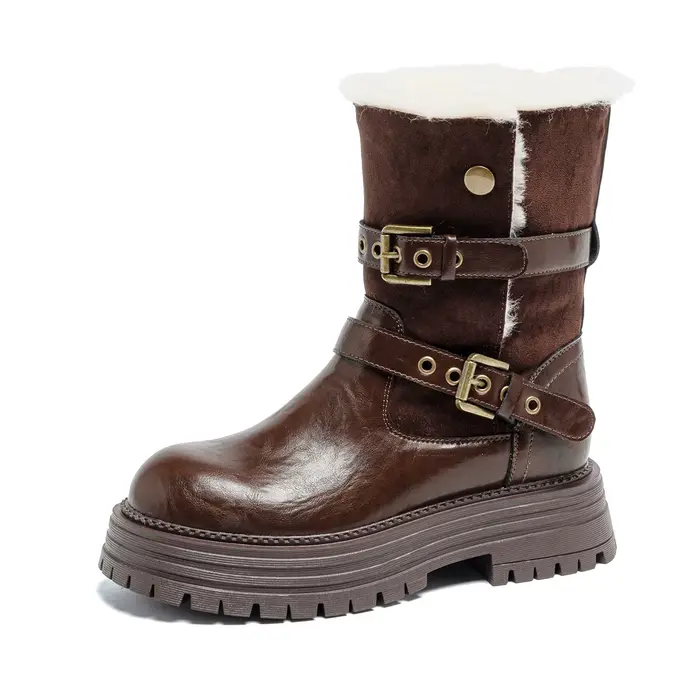 Bottes d'hiver à plateforme pour femmes, style motard, avec double boucle métallique, doublure polai