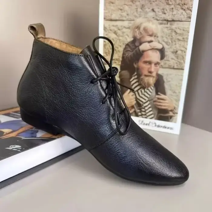 Bottes à lacets de style britannique pour femmes, chaussures en cuir décontractées souples, bout pointu, talon carré, semelle en caoutchouc, polyvalentes pour automne et hiver