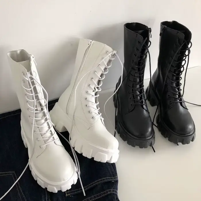 Nouvelles bottes mi-mollets pour femmes hiver, solides, talon carré, plateforme, bout rond, à lacets, élégantes et durables pour les occasions spéciales