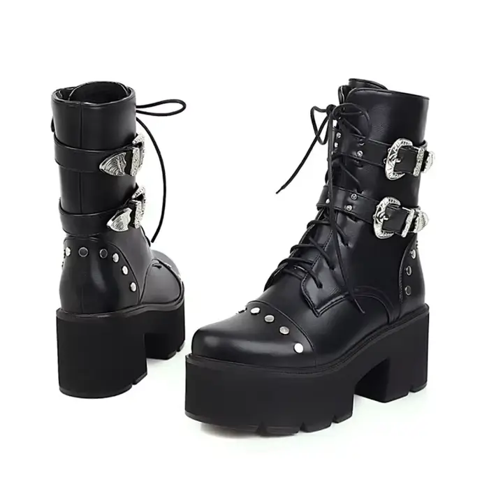 Bottines à lacets avec fermeture éclair pour femmes, bout rond, sangle à boucle, talons hauts épais,