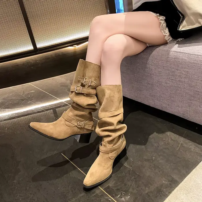 Vintage daim femmes pantalon jambes bottes mode ceinture boucle sans lacet chaussures automne hiver talons compensés dames longs chaussons