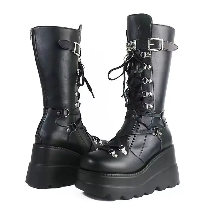 Bottes à plateforme mi-mollet à talons hauts pour femmes, lacets, fermeture à glissière arrière, Par