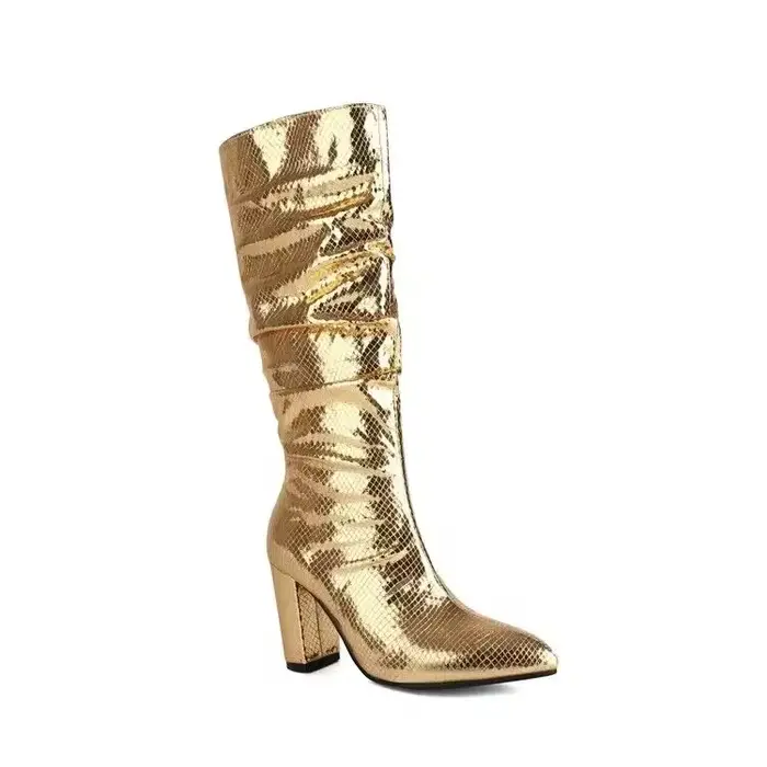 Bottes à talons hauts à paillettes pour femmes, chaussures pointues, plissées, manches mi-longues, s