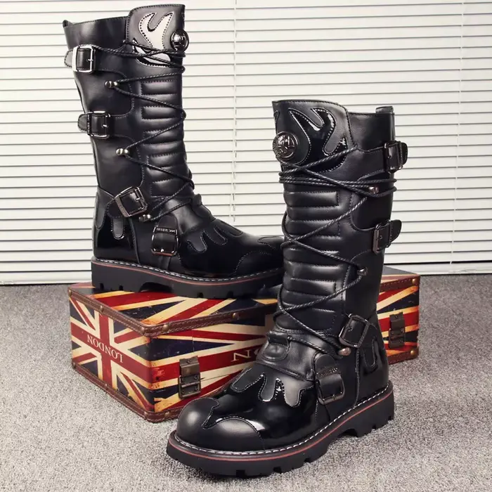 Bottes de moto au genou en cuir véritable pour hommes, demi-bottes de neige, punk, nouveau, rock, hi