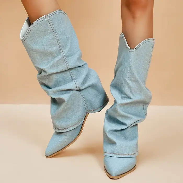 Plissé bloc talons Denim bottes pour femmes 2025 automne bout pointu