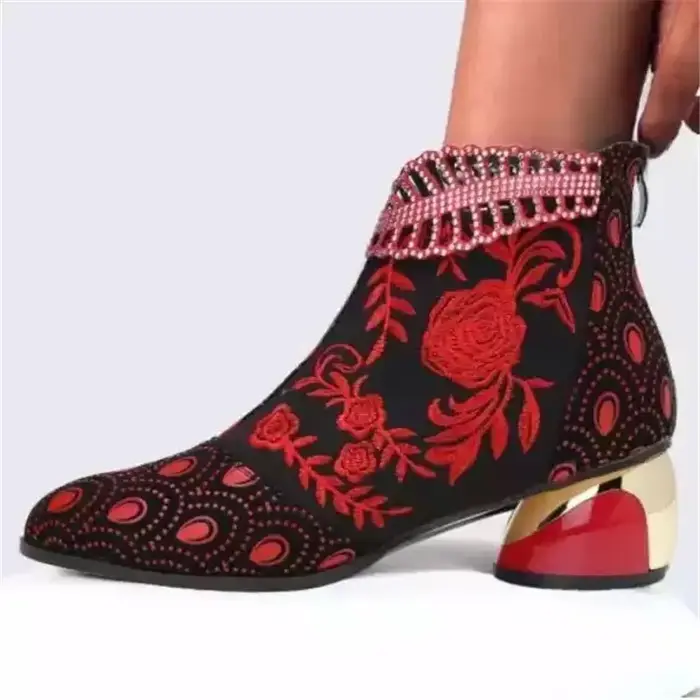 Bottes de rinçage en cuir pour femmes, chaussures brodées ethniques bohèmes, fermeture éclair, print