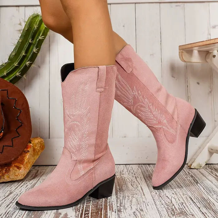 Bottes de cowboy occidentales brodées vintage pour femmes, bottines d'automne et d'hiver à bout rond