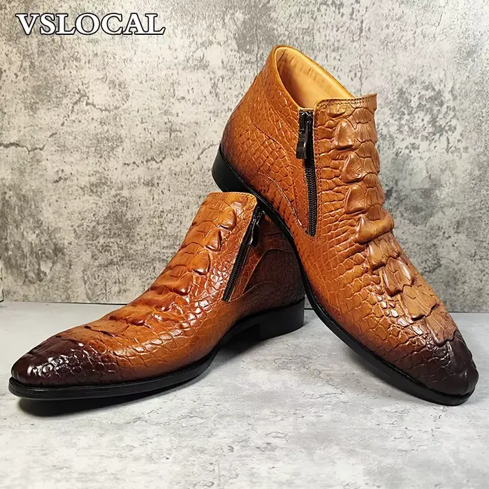 Marque de luxe hommes bottines chaussures noir marron Crocodile imprime fermeture éclair Chelsea bottes