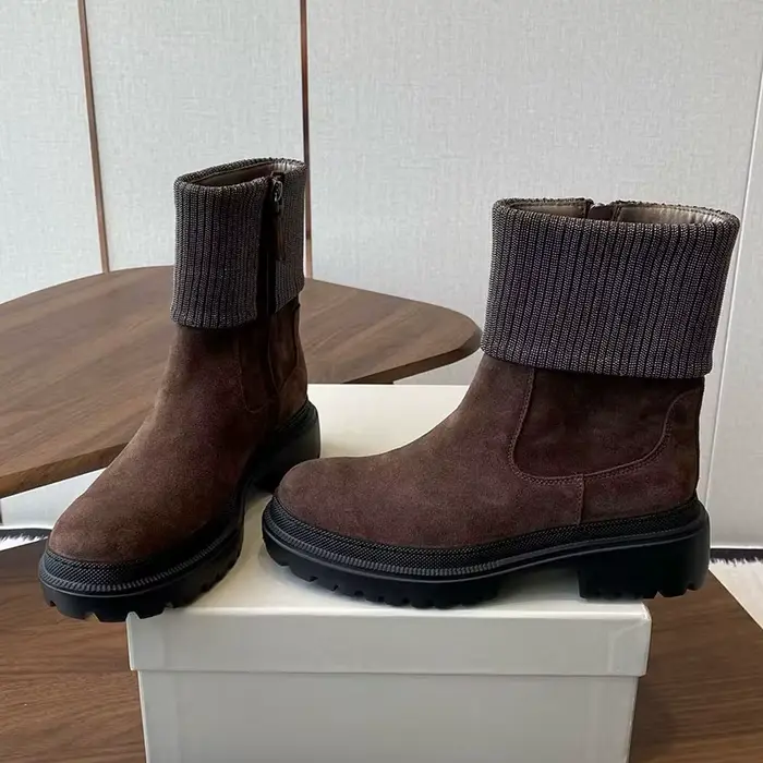 Femmes daim plat semelle épaisse bottes courtes bout rond tricoté manches fermeture éclair conception cheville Botas