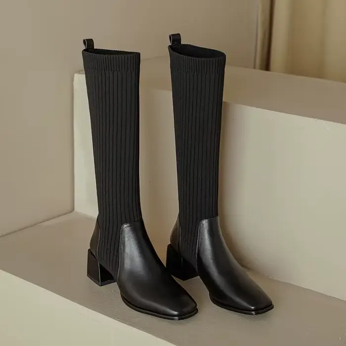 Bottes longues en tricot pour femmes, style rétro haute qualité, sans lacets, confortable et élégant pour les occasions spéciales