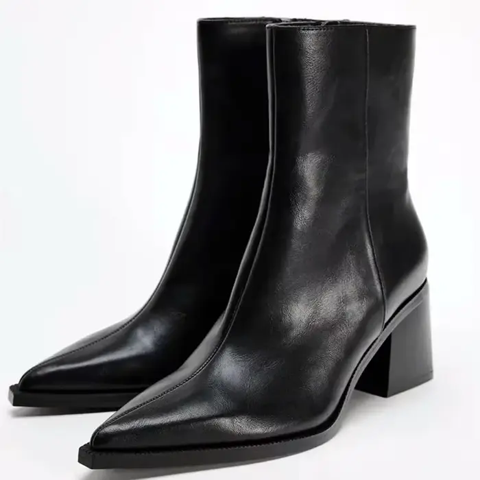 Bottines Chelsea en cuir souple noir à bout pointu et talon épais pour femme, bottes d'hiver confort