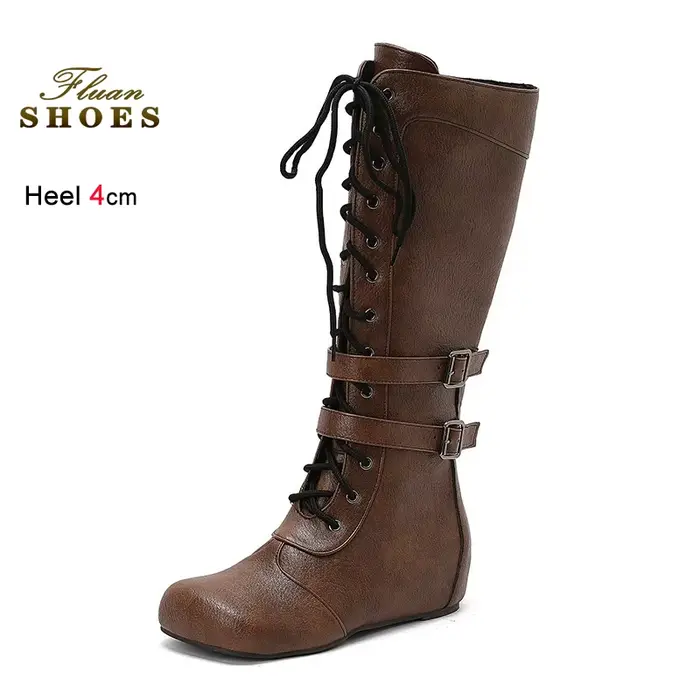 Bottes de chevalier vertes pour femmes, talons surélevés en interne, bout rond de 4cm, à lacets sur 