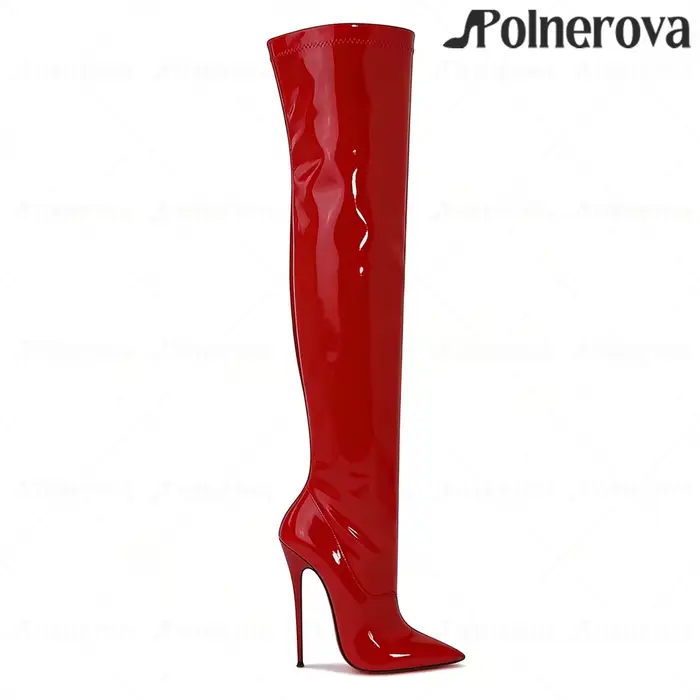 Bottes au-dessus du genou en cuir verni laqué de 16 cm, style sexy, bottes à talon aiguille pointues