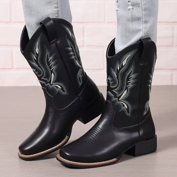 Femmes mi-mollet bottes femme chaussures 4 cm bas talon carré broderie pays botte femmes 2025 automn