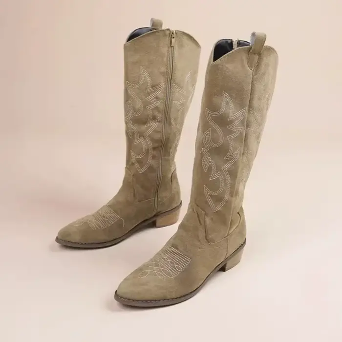 Bottes de Cowboy occidentales brodées pour femmes, bout pointu, talon épais, bottes hautes aux genou